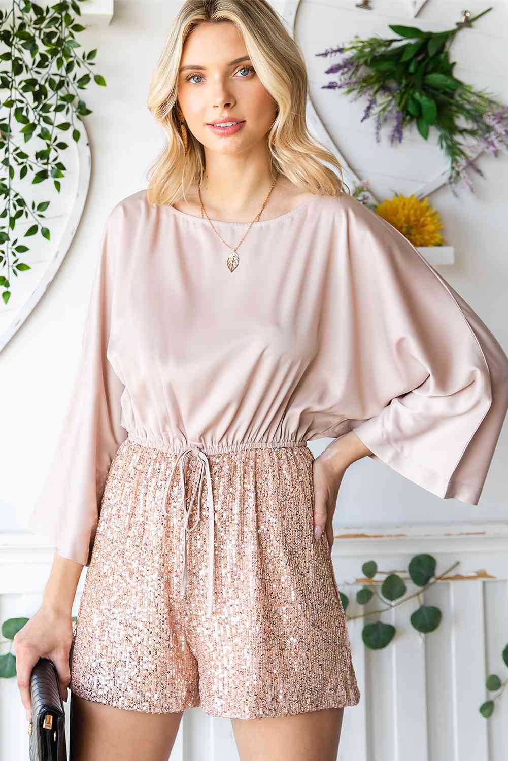 Sequin Drawstring Waist Dolman Sleeve Romper - TRENDMELO