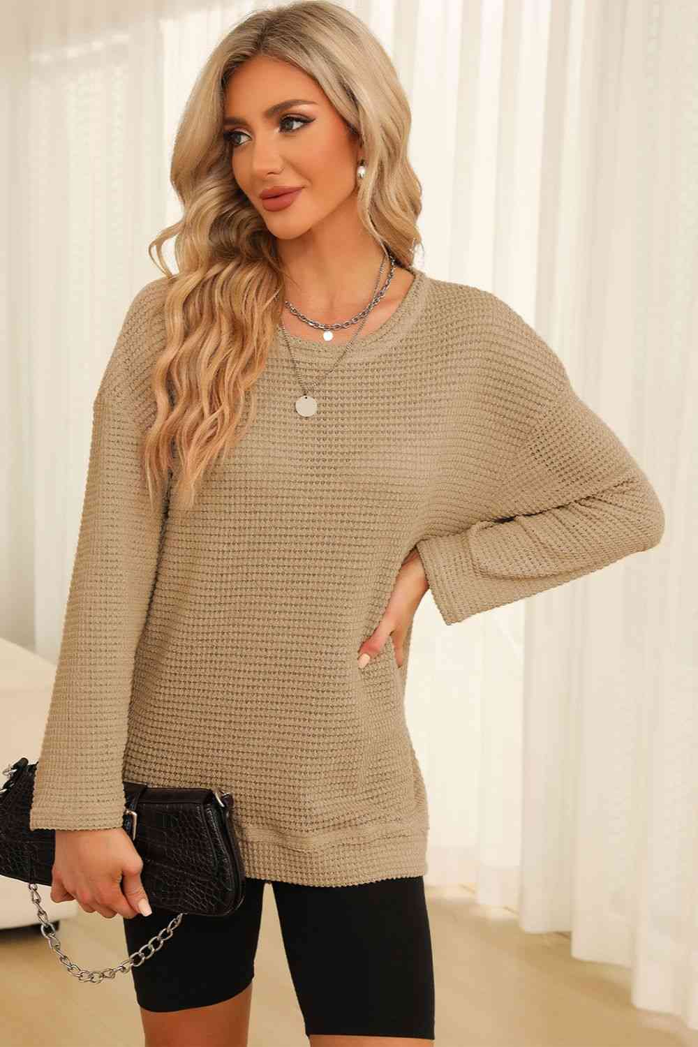 Waffle-Knit Round Neck Long Sleeve Sweatshirt - TRENDMELO