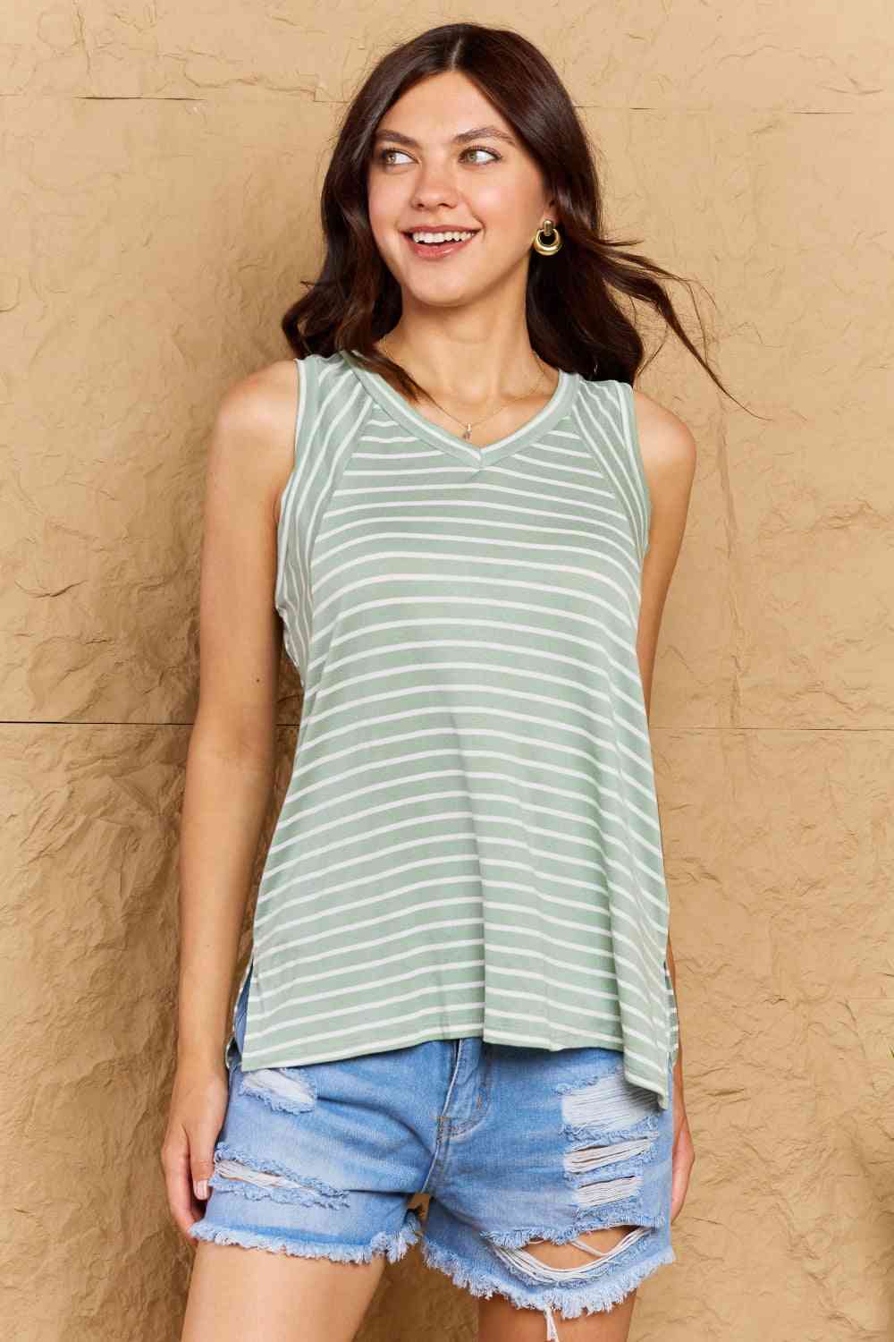 Doublju Full Size Striped Sleeveless V-Neck Top - TRENDMELO