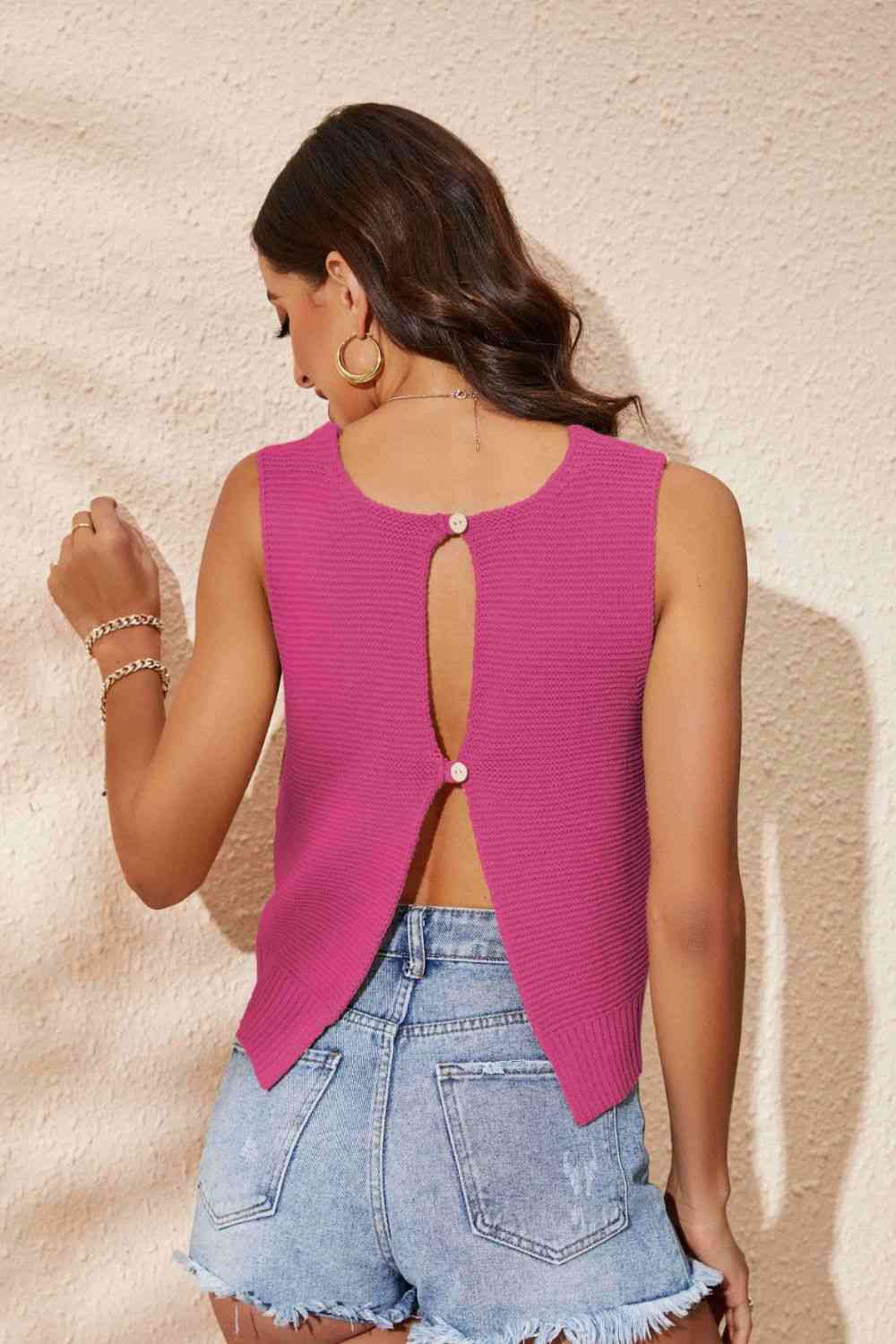 Buttoned Cutout Ribbed Trim Knit Tank - TRENDMELO