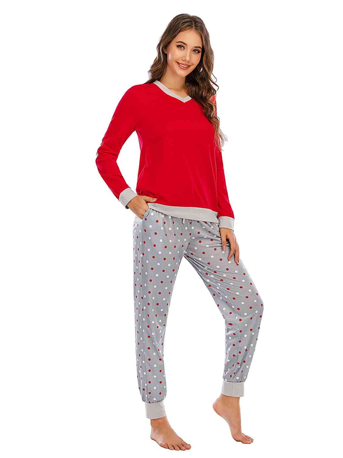 Long Sleeve Top and Polka Dot Pants Set - TRENDMELO