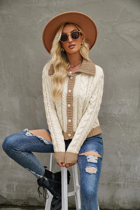 Contrast Collared Neck Cable-Knit Cardigan - TRENDMELO