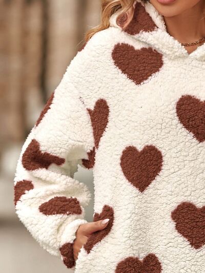 Fuzzy Heart Pocketed Dropped Shoulder Hoodie - TRENDMELO