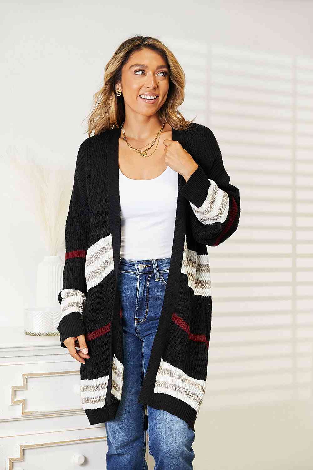 Double Take Striped Rib-Knit Drop Shoulder Open Front Cardigan - TRENDMELO