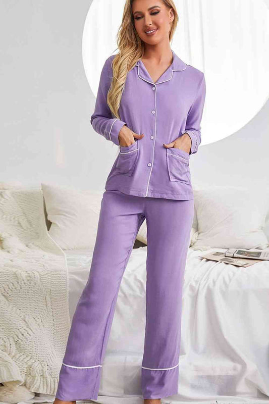 Contrast Lapel Collar Shirt and Pants Pajama Set with Pockets - TRENDMELO