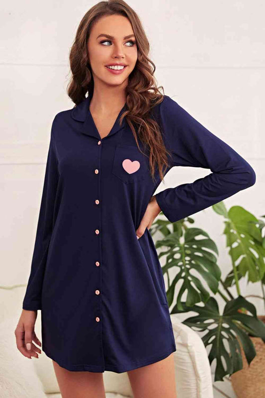 Heart Graphic Lapel Collar Night Shirt Dress - TRENDMELO