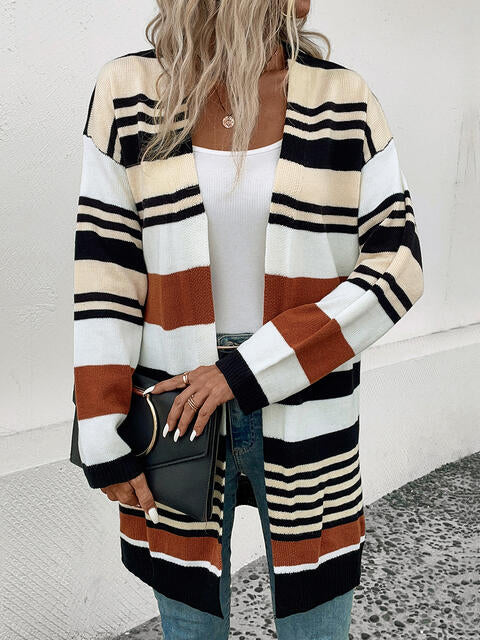 Striped Open Front Drop Shoulder Cardigan - TRENDMELO