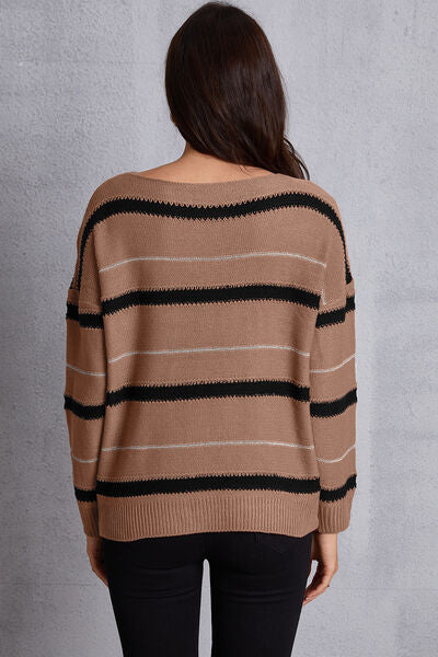 Striped Round Neck Dropped Shoulder Sweater - TRENDMELO