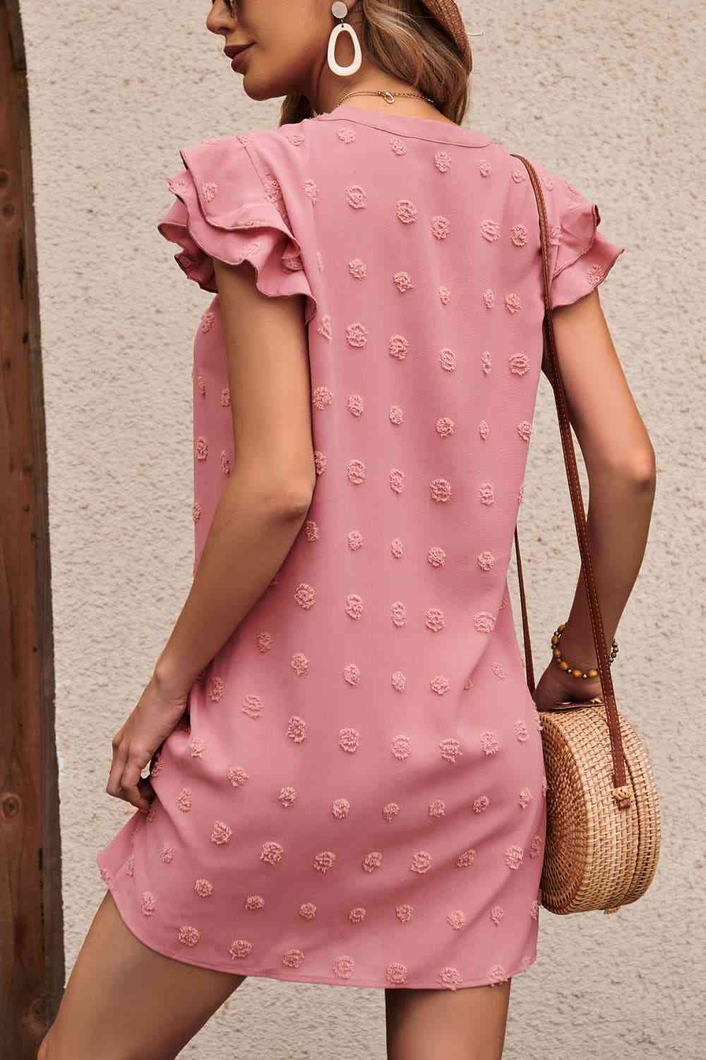 Swiss Dot Notched Neck Flutter Sleeve Dress - TRENDMELO