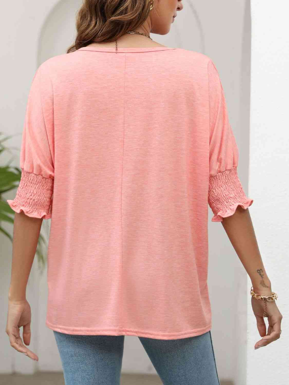 Smocked Flounce Sleeve Round Neck T-Shirt - TRENDMELO