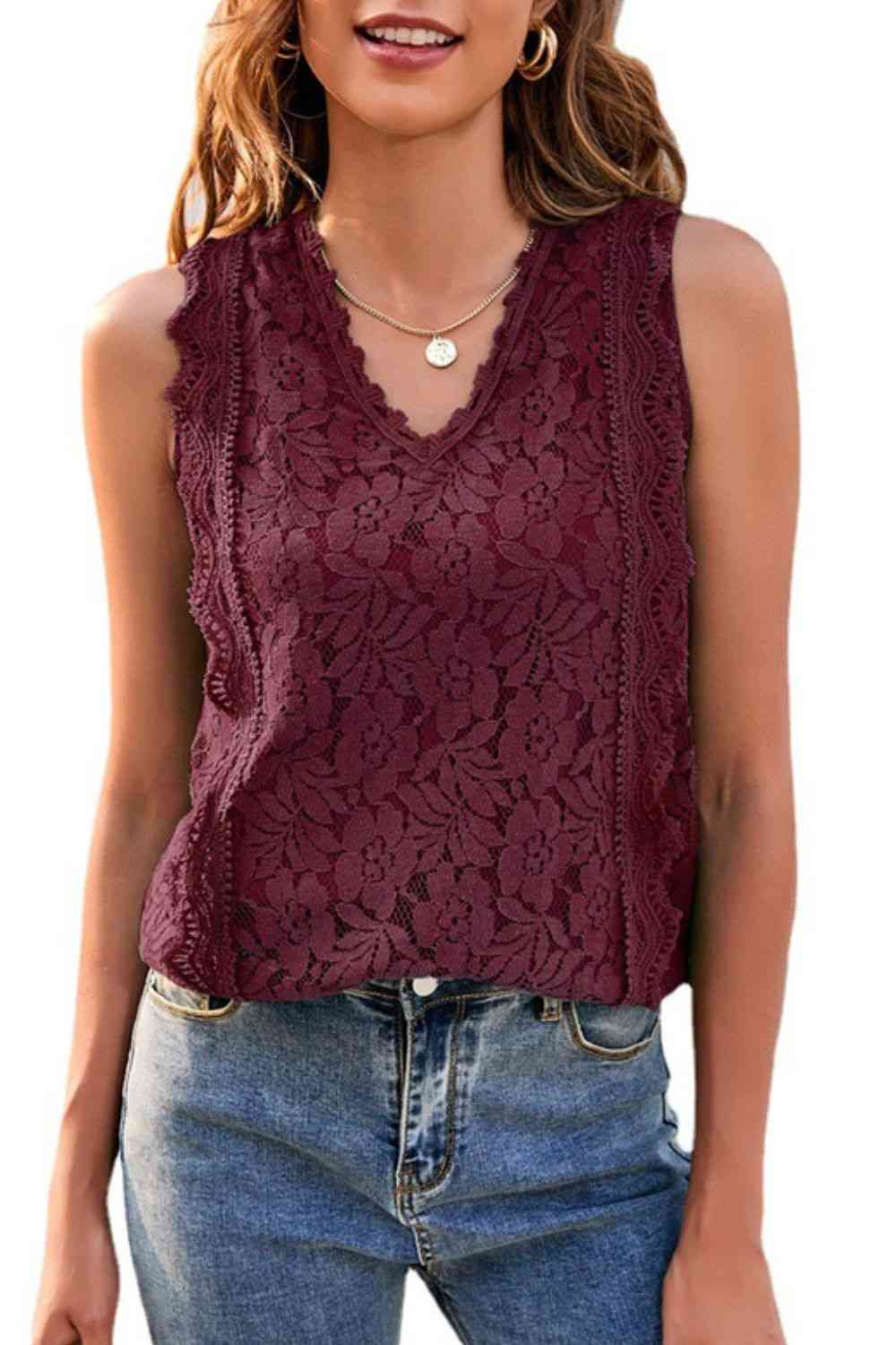 Lace V-Neck Tank - TRENDMELO