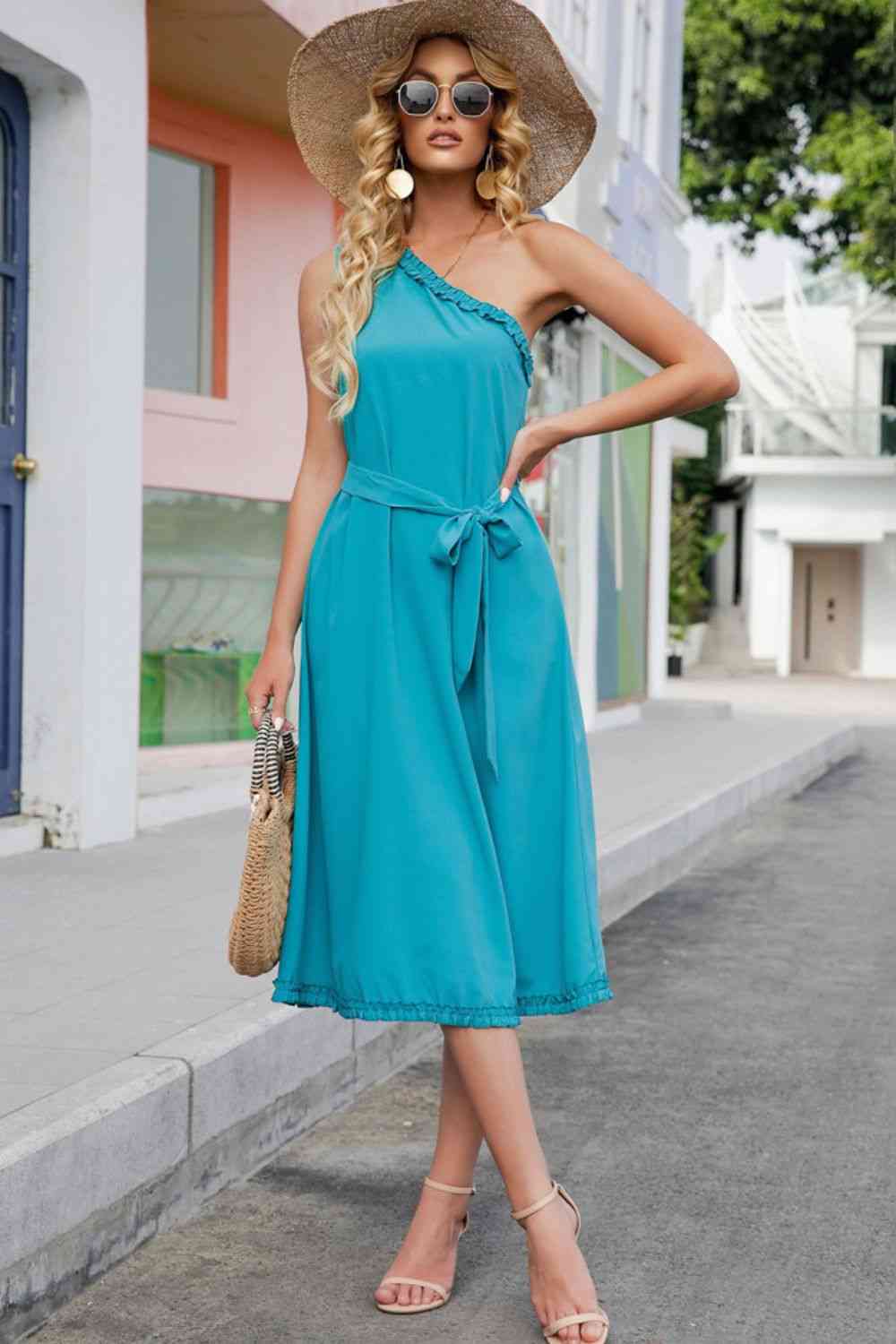 Frill Trim One-Shoulder Belted Dress - TRENDMELO