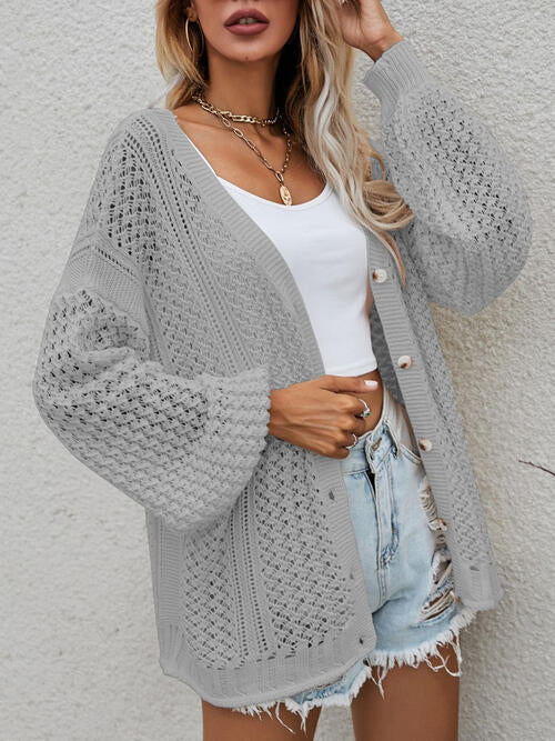 Openwork Button Front Cardigan - TRENDMELO