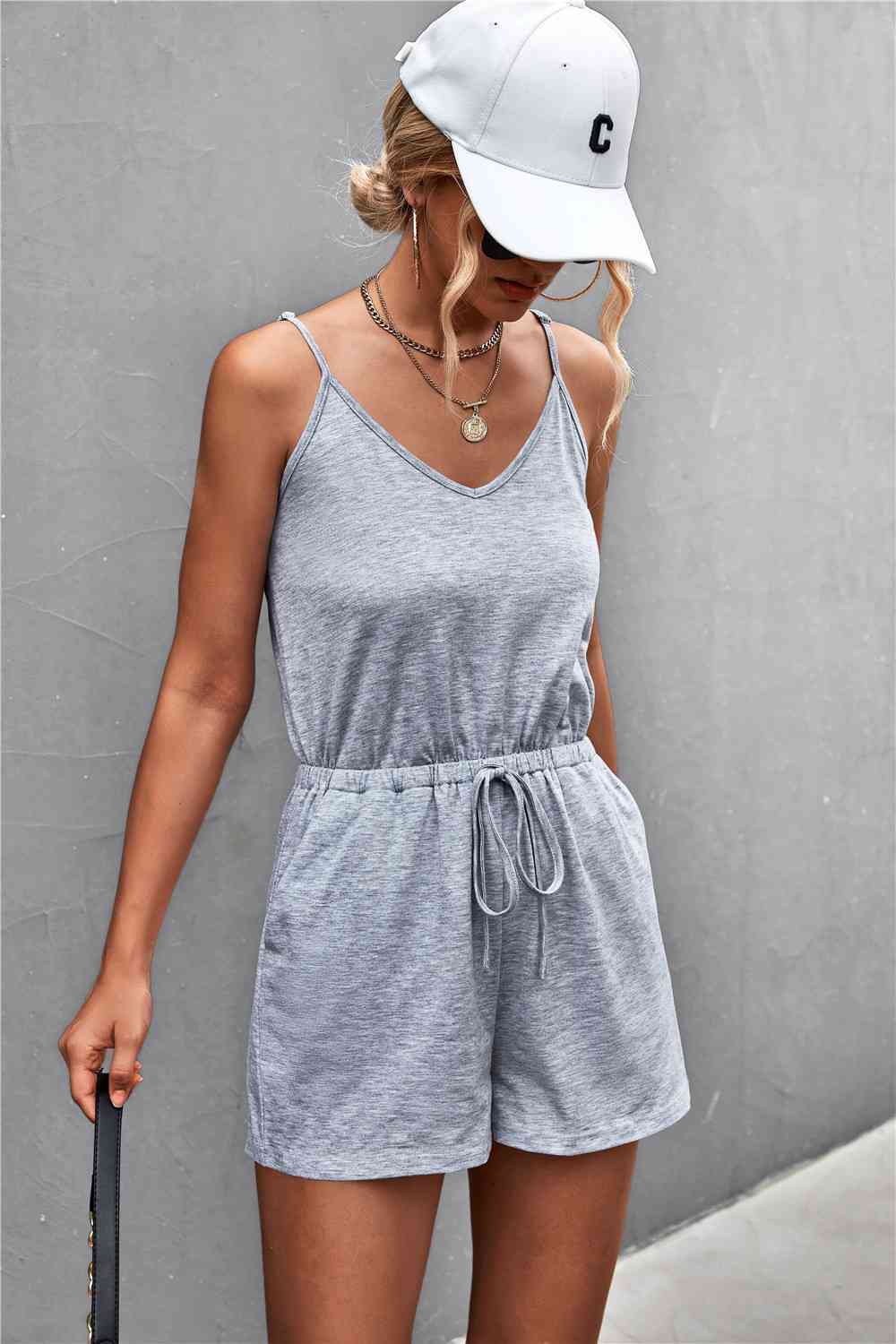 Spaghetti Strap V-Neck Pocket Romper - TRENDMELO