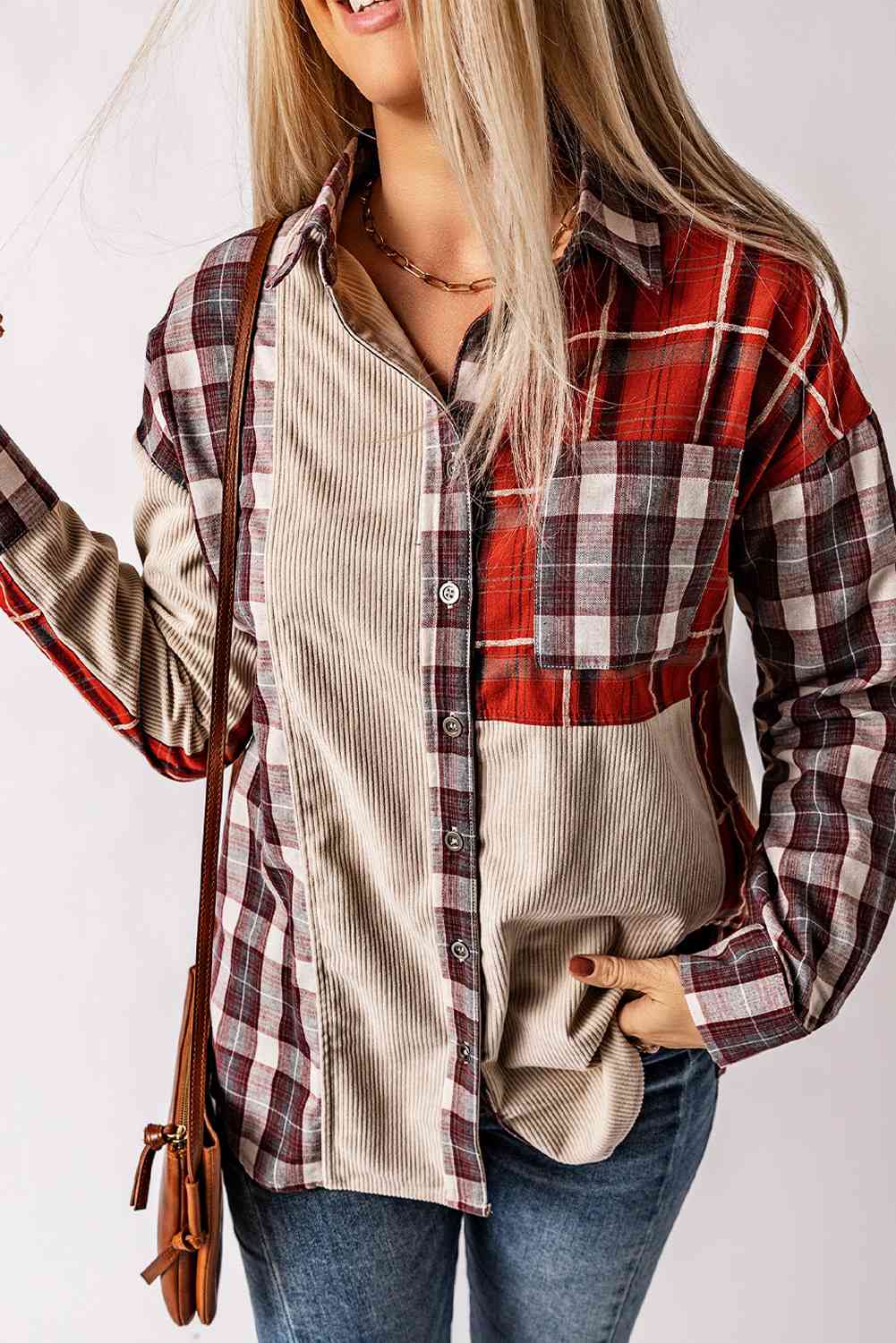 Plaid Collared Neck Buttoned Shirt with Pocket - TRENDMELO