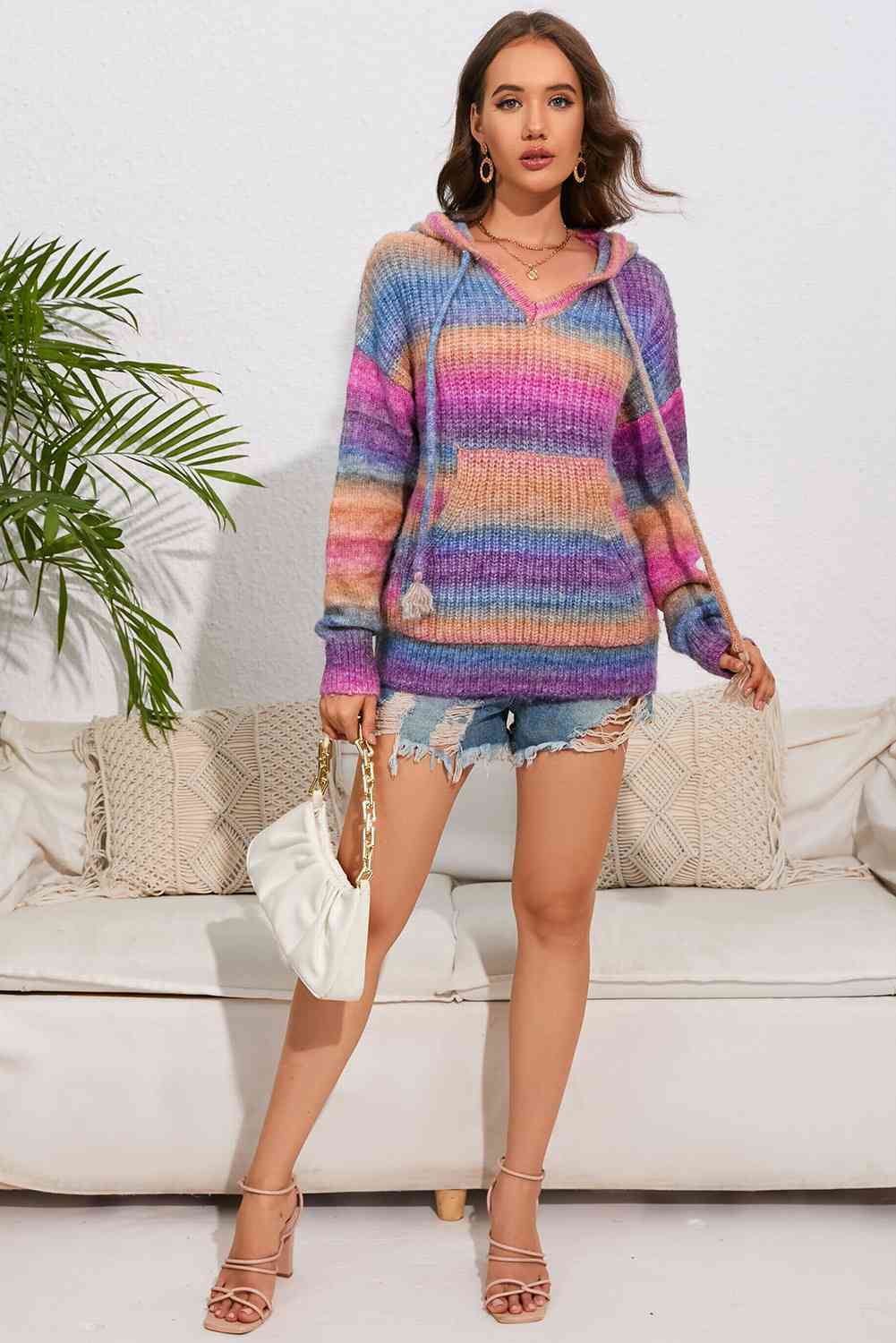 Multicolor Dropped Shoulder Hooded Sweater - TRENDMELO