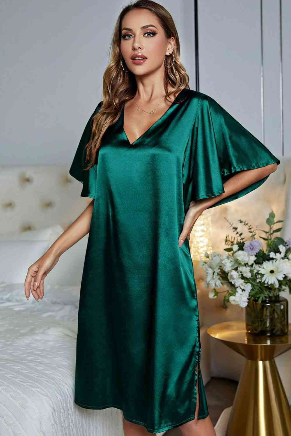 Satin Flutter Sleeve Side Slit V-Neck Night Dress - TRENDMELO