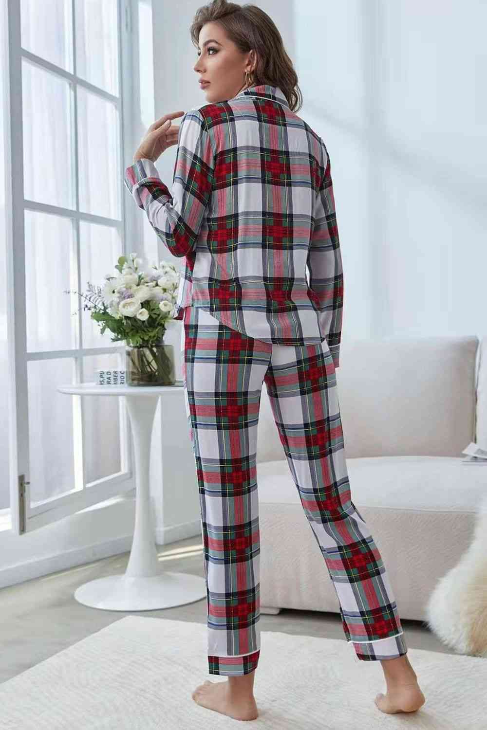 Plaid Button Front Top and Pants Lounge Set - TRENDMELO