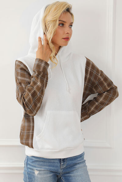 Plaid Waffle-Knit Drawstring Kangaroo Pocket Hoodie - TRENDMELO