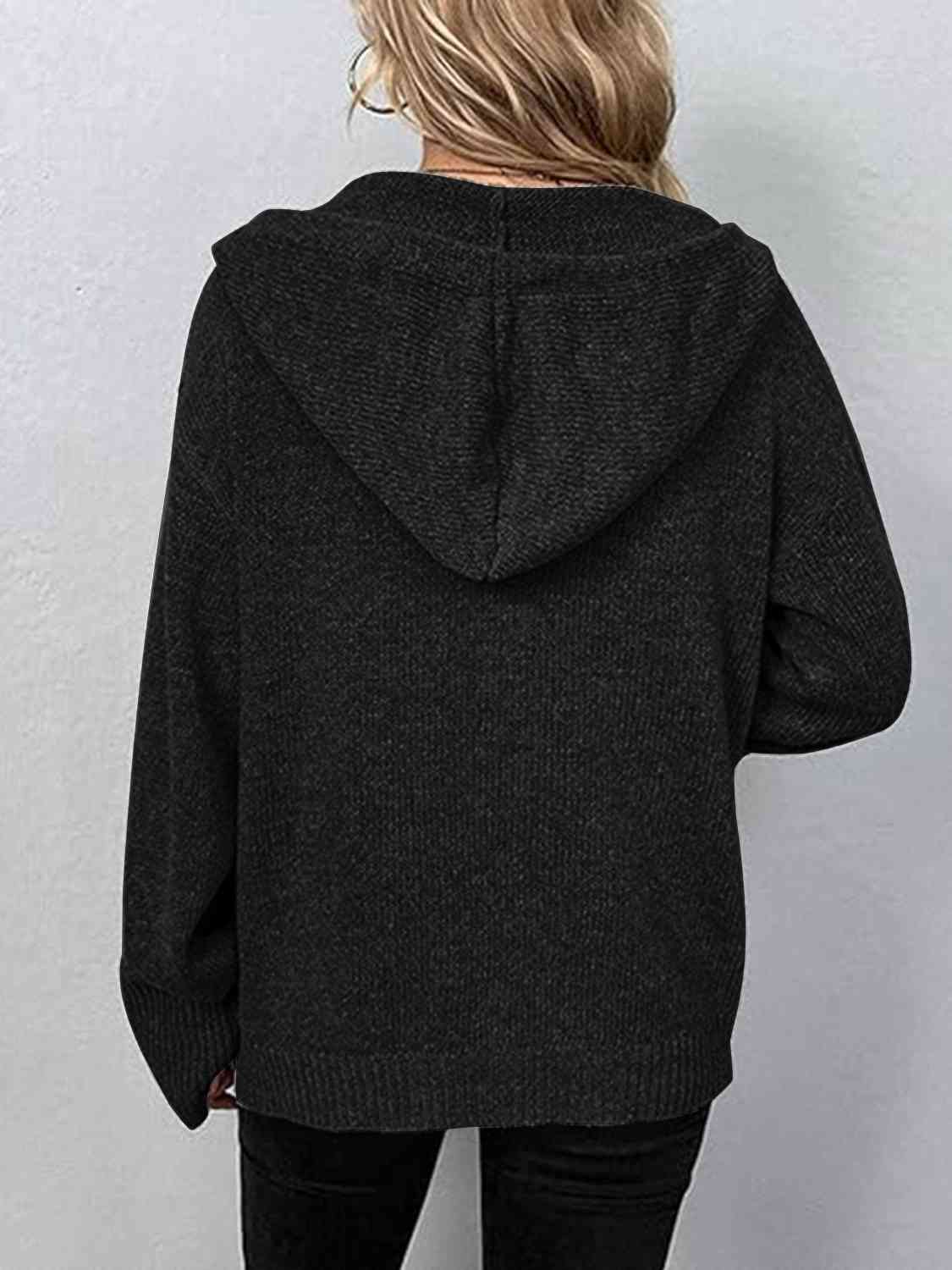 Button Up Drawstring Long Sleeve Hooded Cardigan - TRENDMELO