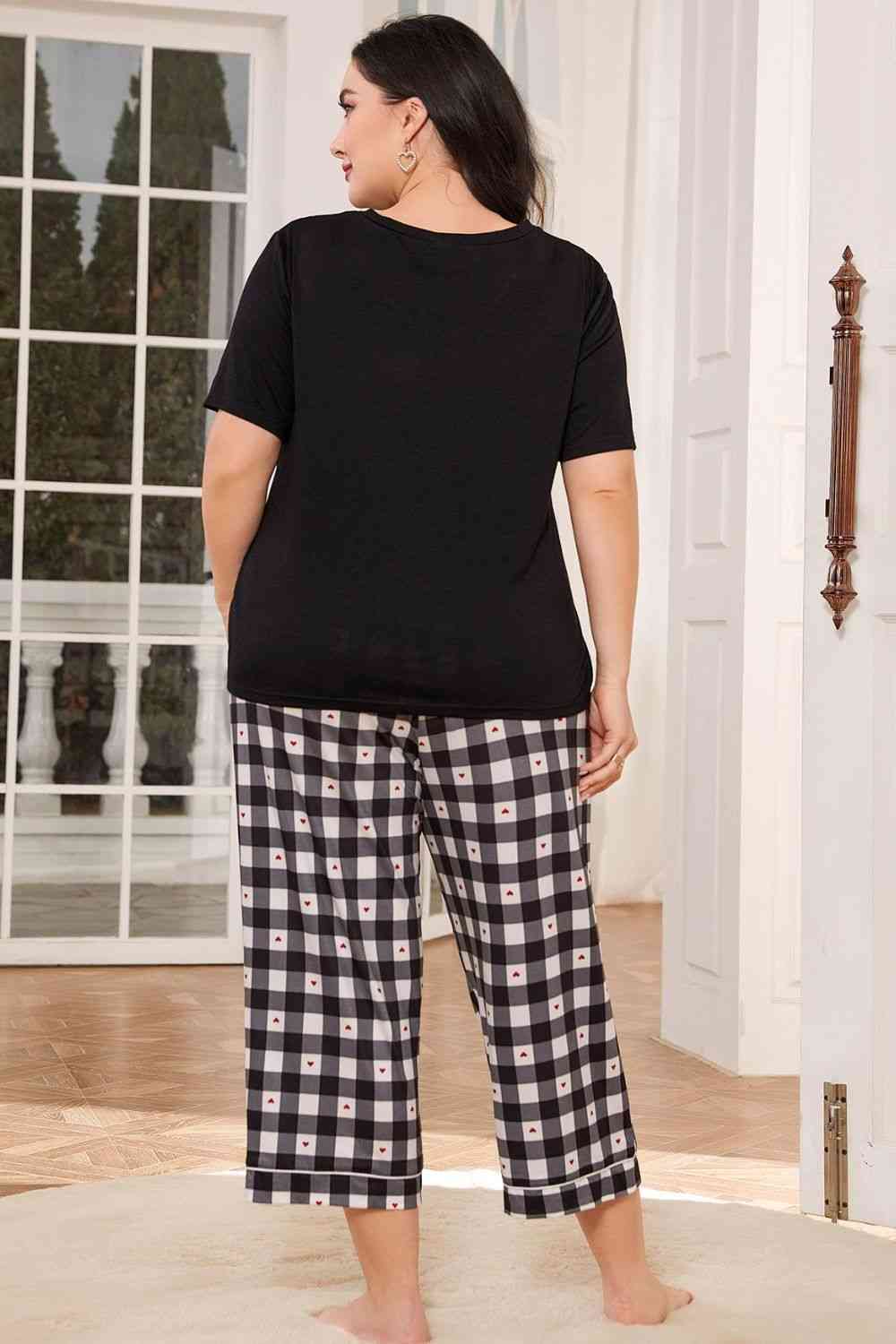 V-Neck Tee and Plaid Cropped Pants Lounge Set - TRENDMELO