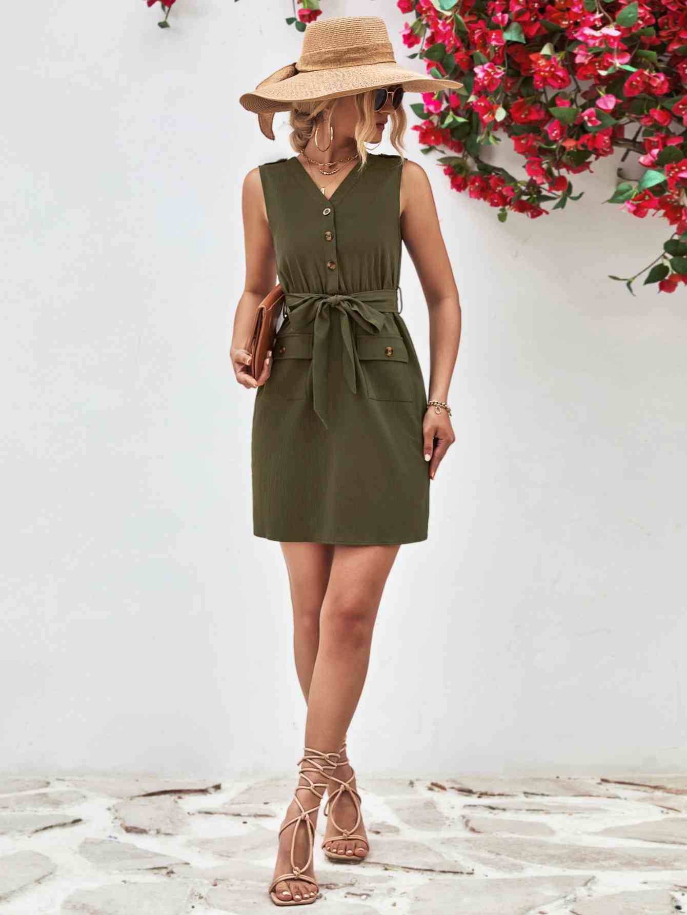 Buttoned V-Neck Belted Sleeveless Dress - TRENDMELO