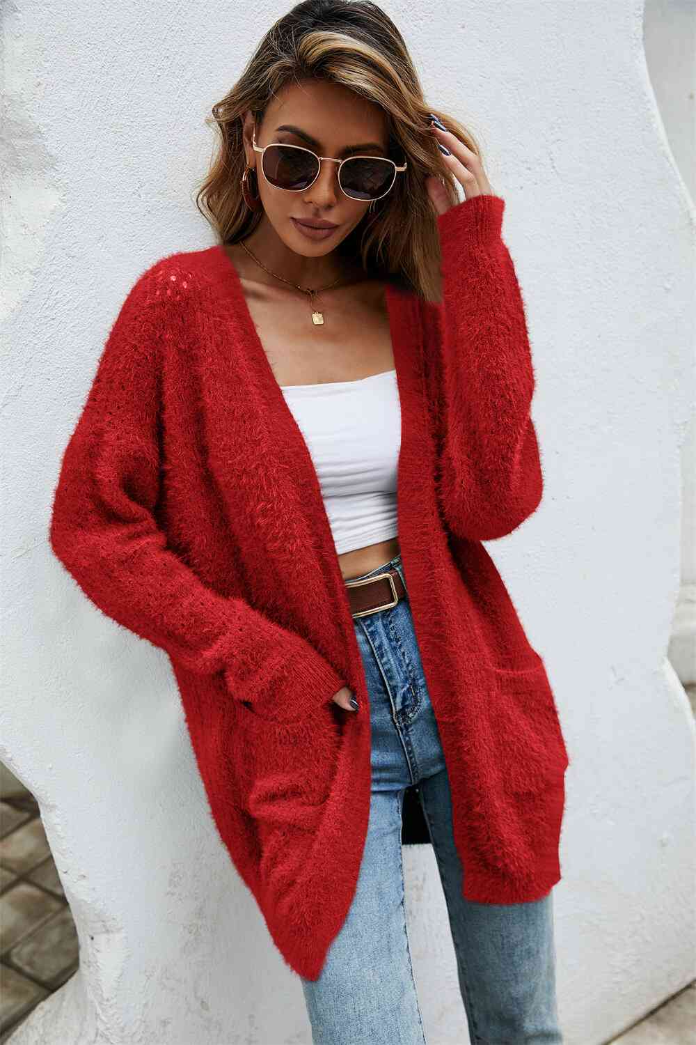 Open Front Openwork Fuzzy Cardigan with Pockets - TRENDMELO