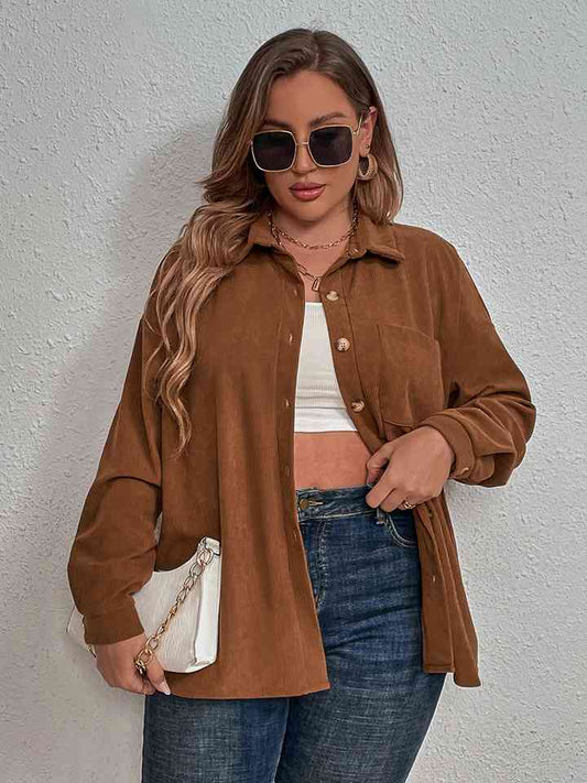 Plus Size Collared Neck Long Sleeve Shirt - TRENDMELO