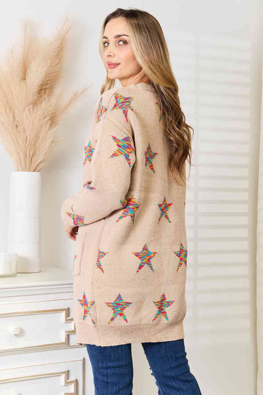 Double Take Star Pattern Open Front Longline Cardigan - TRENDMELO