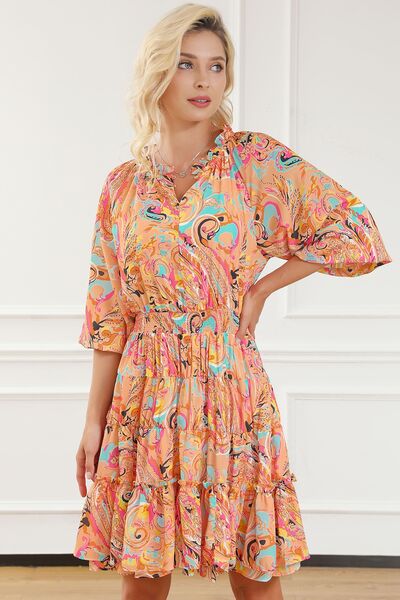 Printed Smocked Frill Tiered Dress - TRENDMELO