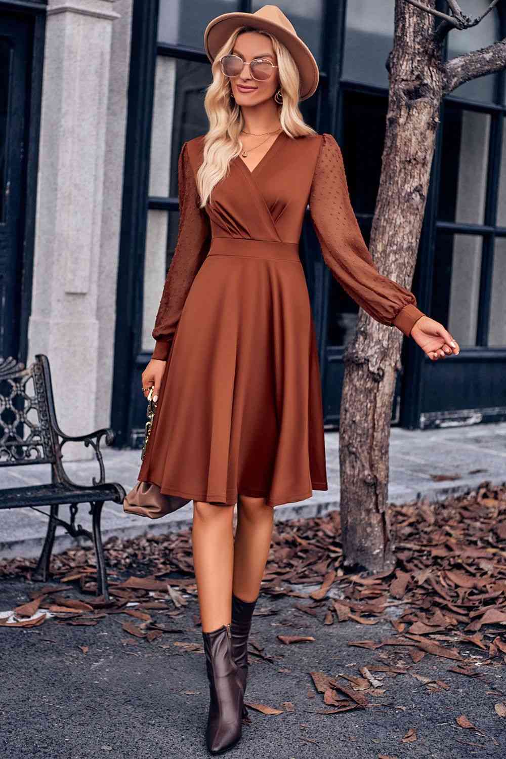 Surplice Neck Swiss Dot Long Sleeve Dress - TRENDMELO