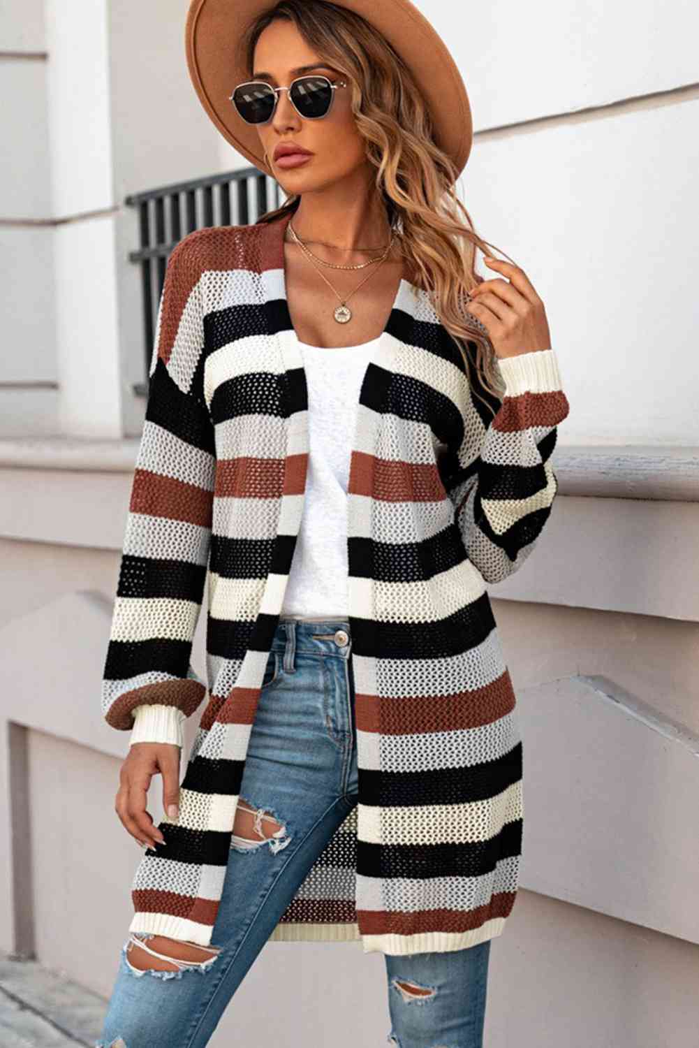 Full Size Striped Long Sleeve Openwork Cardigan - TRENDMELO