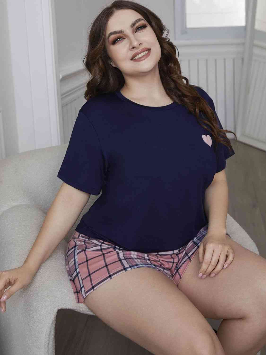 Plus Size Heart Graphic Top and Plaid Shorts Loungewear Set - TRENDMELO