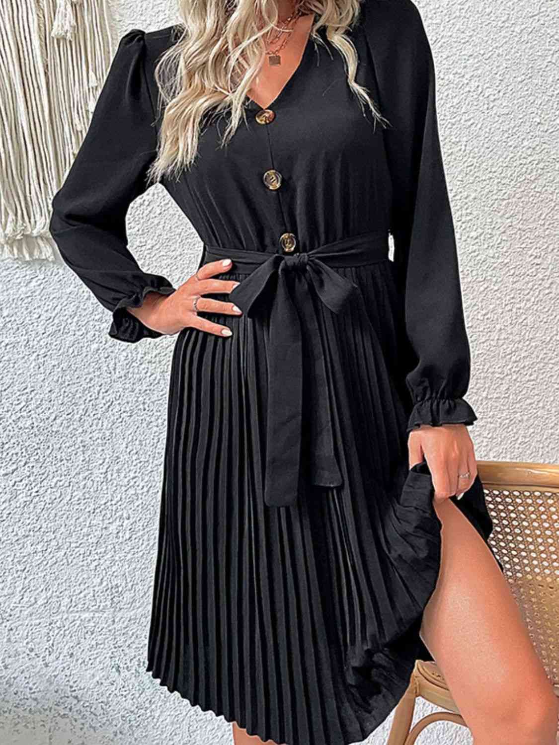 Decorative Button Belted Puff Sleeve Pleated Dress - TRENDMELO