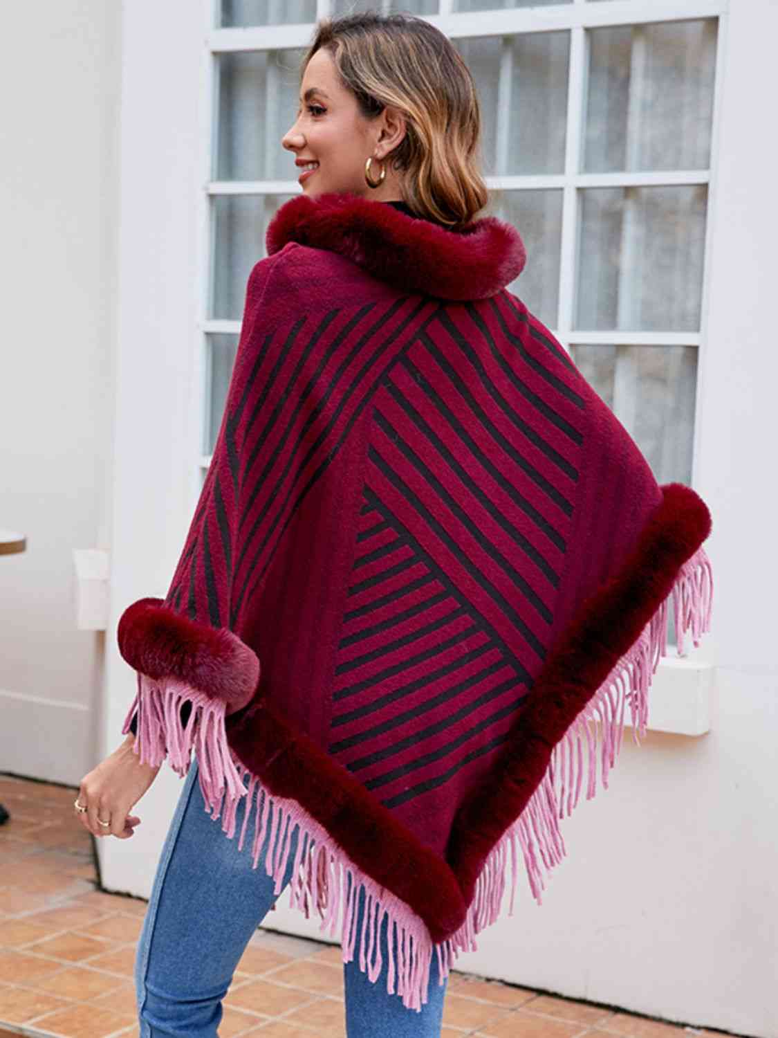 Striped Fringe Hem Poncho - TRENDMELO