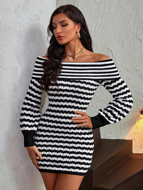 Striped Off-Shoulder Sweater Dress - TRENDMELO