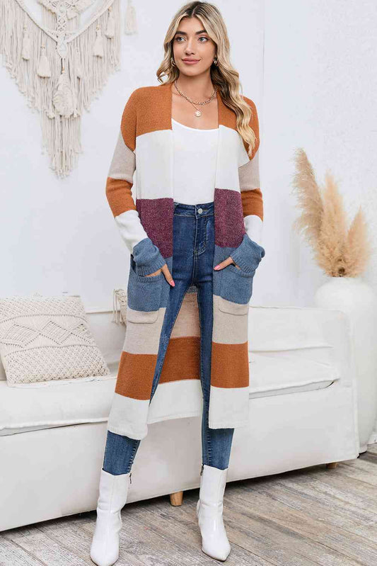 Long Color Block Open Front Pocketed Cardigan - TRENDMELO