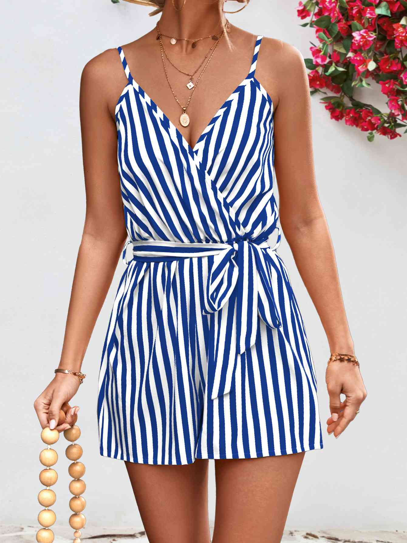 Striped Tie Waist Spaghetti Strap Romper - TRENDMELO