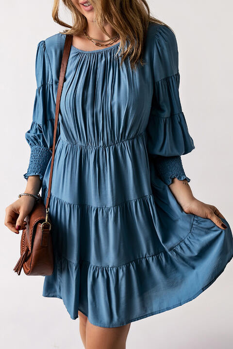 Ruched Round Neck Lantern Sleeve Dress - TRENDMELO