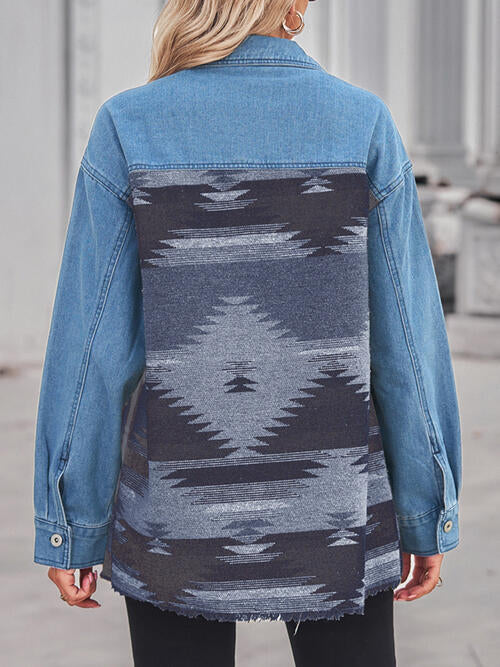 Geometric Raw Hem Button Up Denim Jacket - TRENDMELO