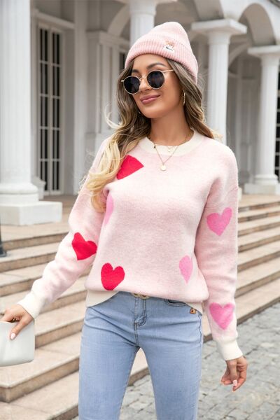 Heart Round Neck Droppped Shoulder Sweater - TRENDMELO