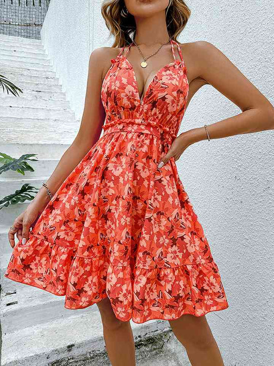 Floral Halter Neck Backless Dress - TRENDMELO