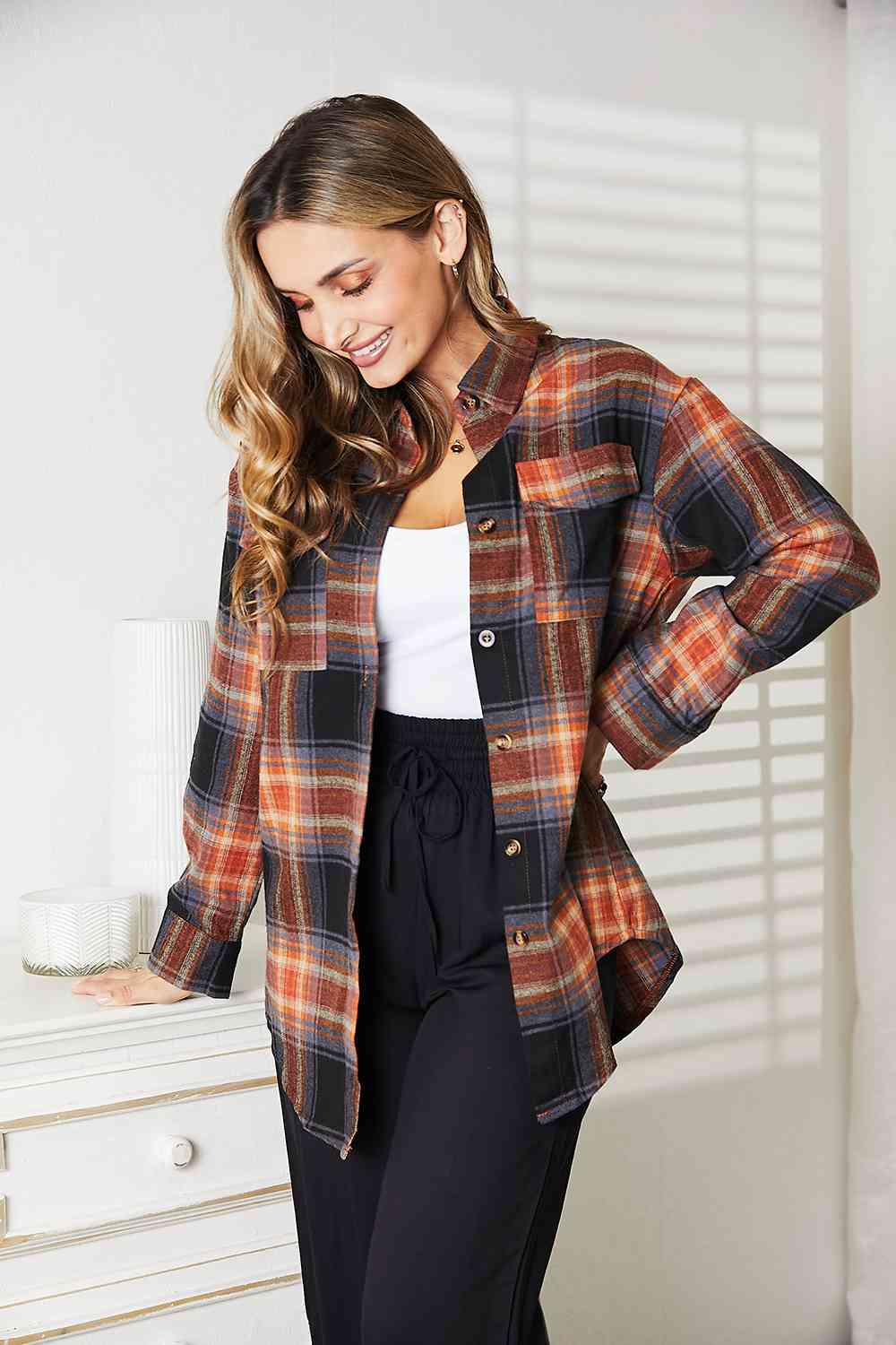 Double Take Plaid Dropped Shoulder Shirt - TRENDMELO