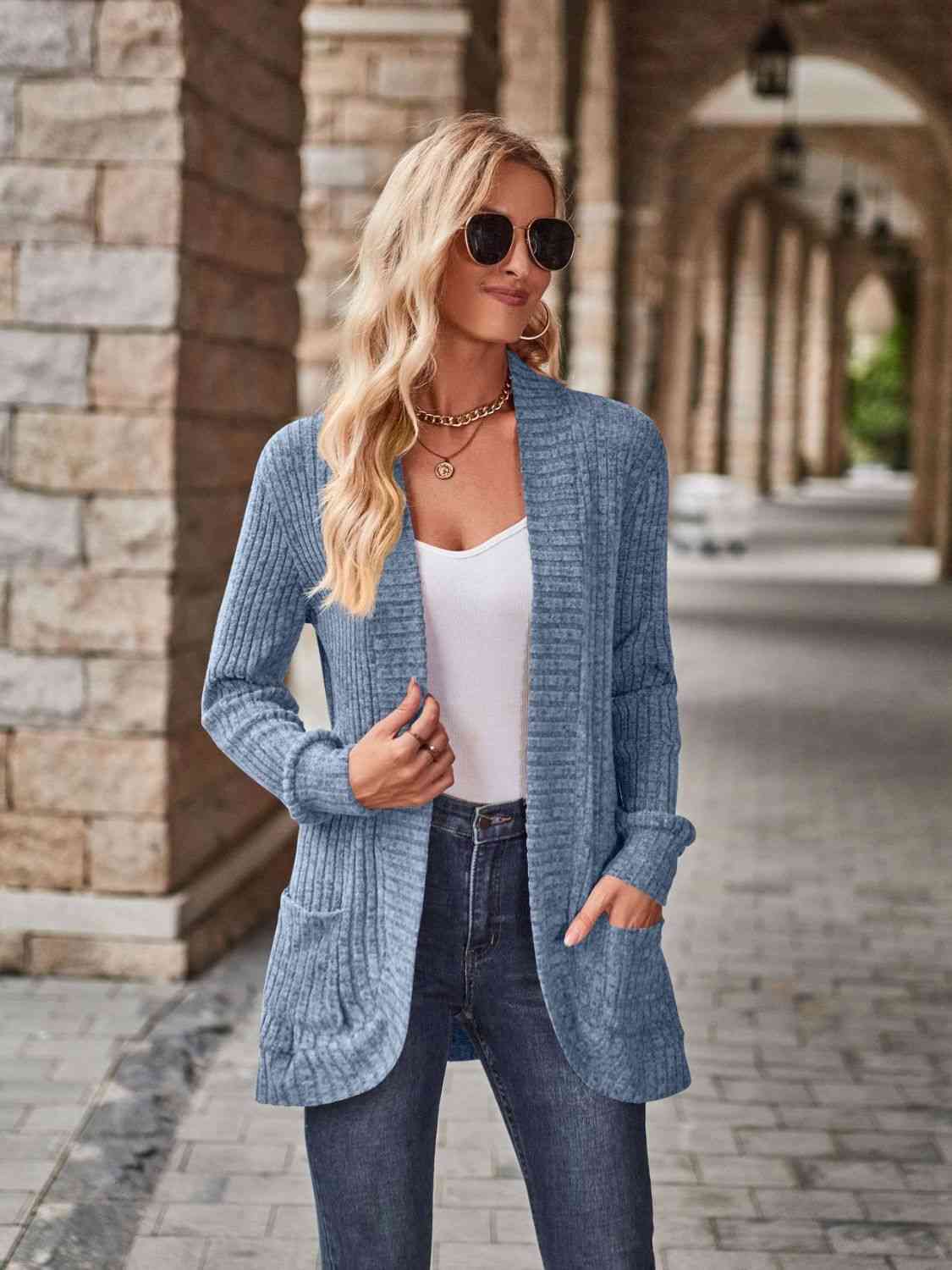 Open Front Cardigan with Pockets - TRENDMELO