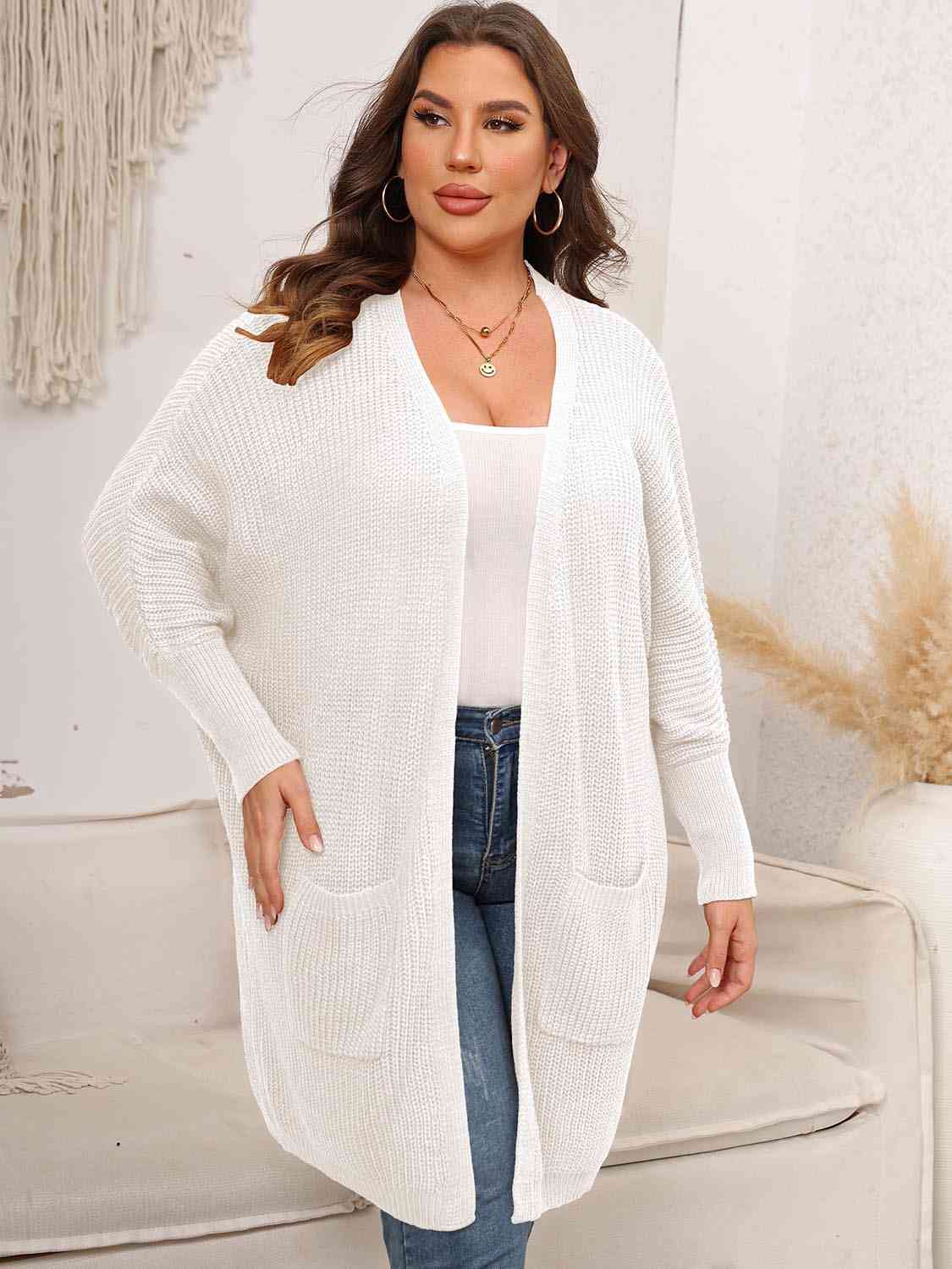 Plus Size Open Front Cardigan With Pockets - TRENDMELO