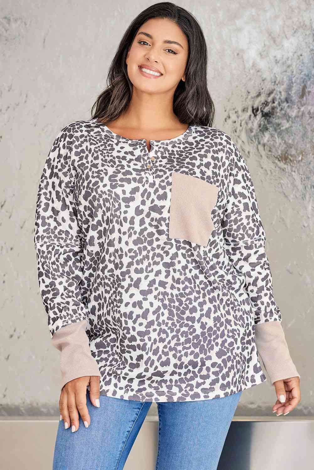 Plus Size Leopard Print Long Sleeve Sweatshirt - TRENDMELO