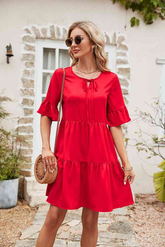 Ruffle Trim Tie Neck Flounce Sleeve Tiered Dress - TRENDMELO