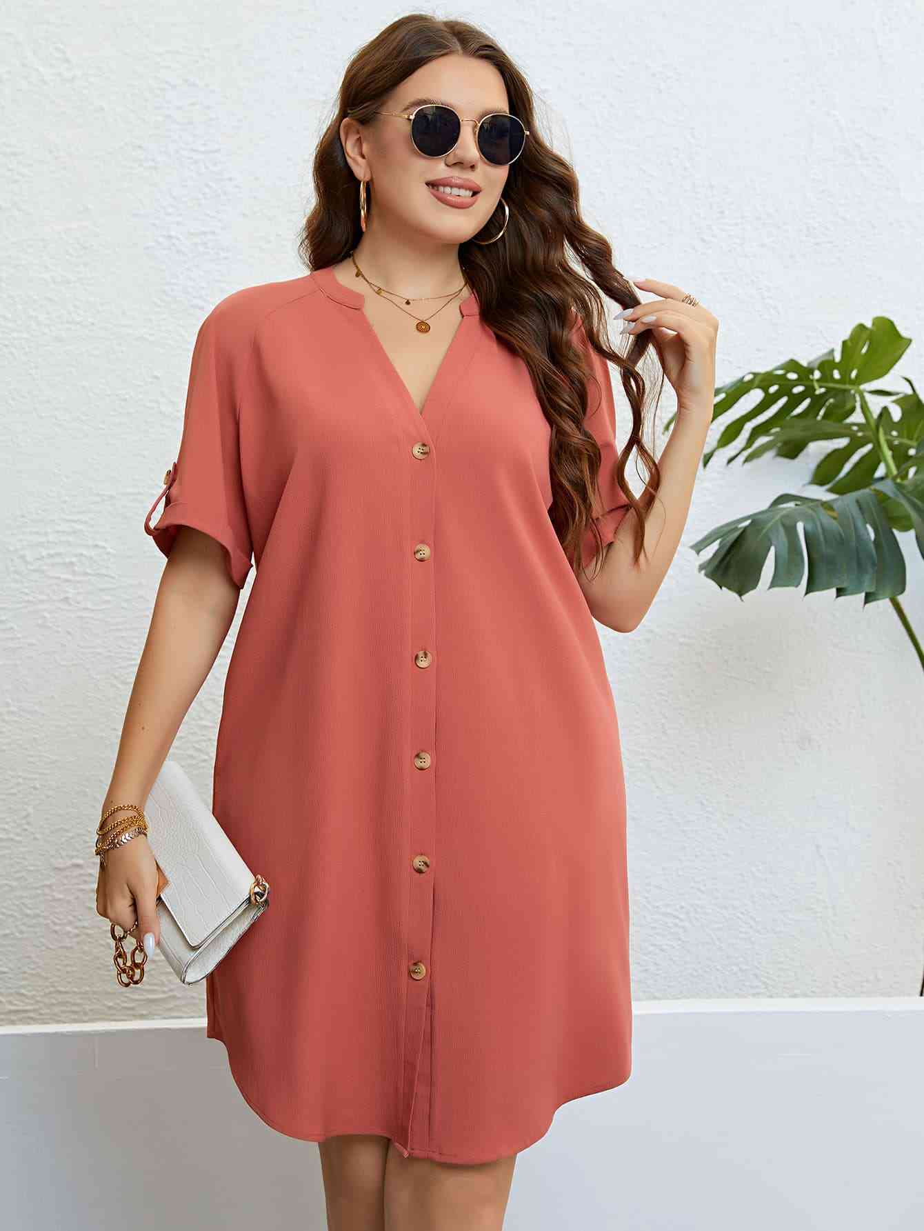 Plus Size Buttoned Notched Neck Shift Dress - TRENDMELO