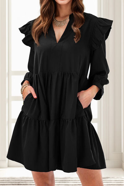 Ruffled V-Neck Long Sleeve Mini Dress - TRENDMELO