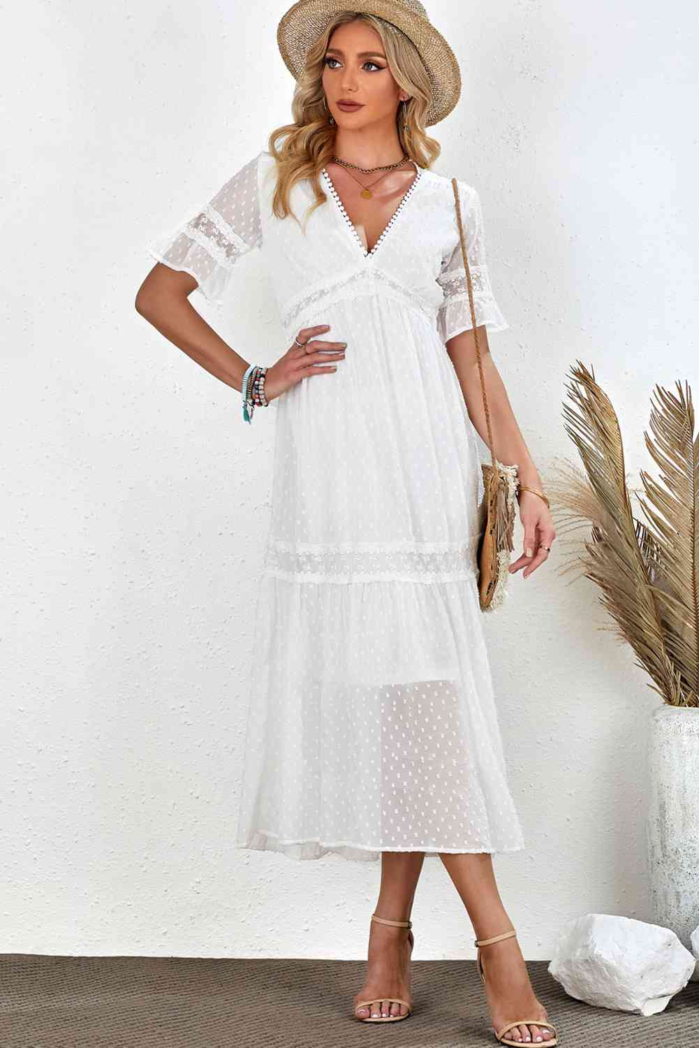 Swiss Dot V-Neck Short Sleeve Midi Dress - TRENDMELO